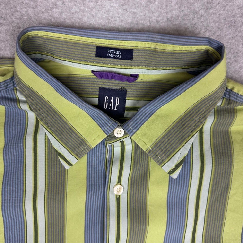 GAP Fitted Premium Mens Long Sleeve Striped Button Down Shirt Green Blue XL - Picture 3 of 9